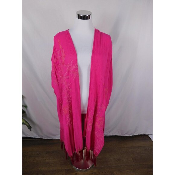Kimono Cardigan Womens One Size Fuchsia Pink Embroidered Fringe Boho Duster - Picture 1 of 12
